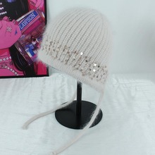 欧美新款兔毛混纺燕尾开口针织帽女冬季保暖毛线条纹亮片套头帽潮