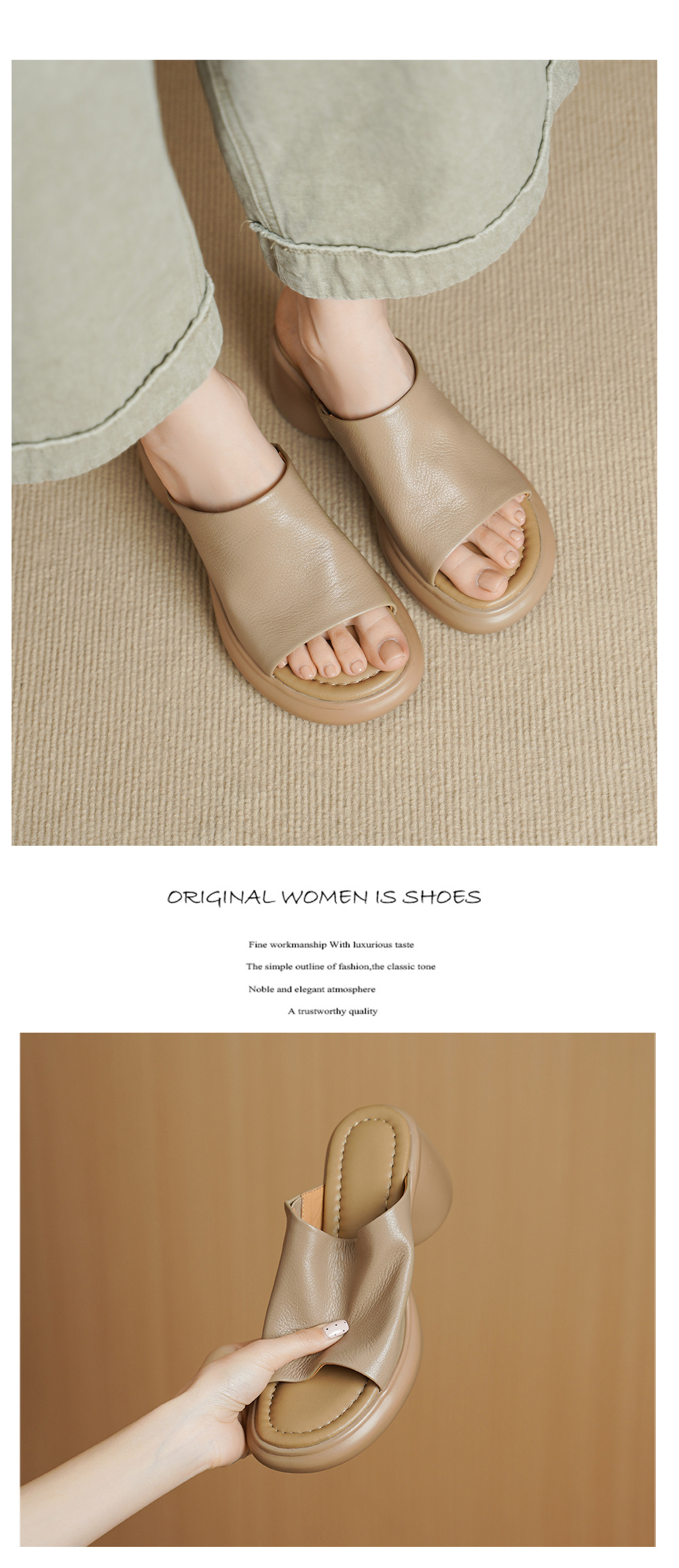 Sandal cao gót nữ hở mũi da dê gót thô 7 cm đế dày — màu trắng ngà chi tiết 8