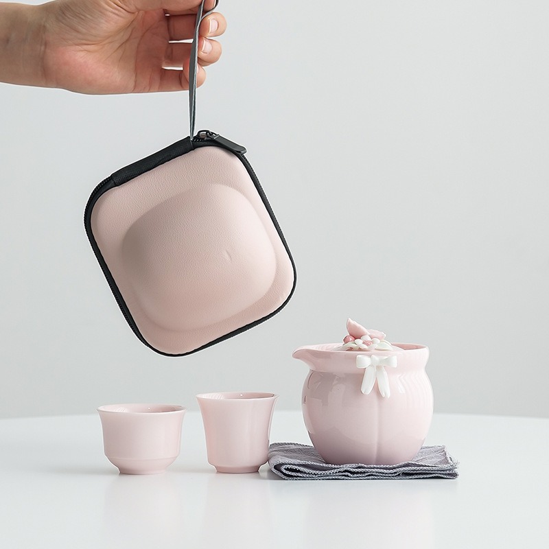 Pink, Handcrafted Flower-Shape Teaware for Women—Fresh and Simple Style, Hand-Held Kettle, Travel Tea Set—One Kettle, Two Cups, Portable & Quick-Service