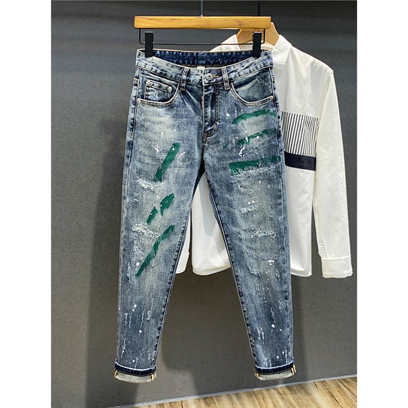 Men's Slim Fit Skinny Jeans with Ink Splash Design, Summer Trendy Brand Print, 2025 New Casual Stretch Thin Cropped Pants