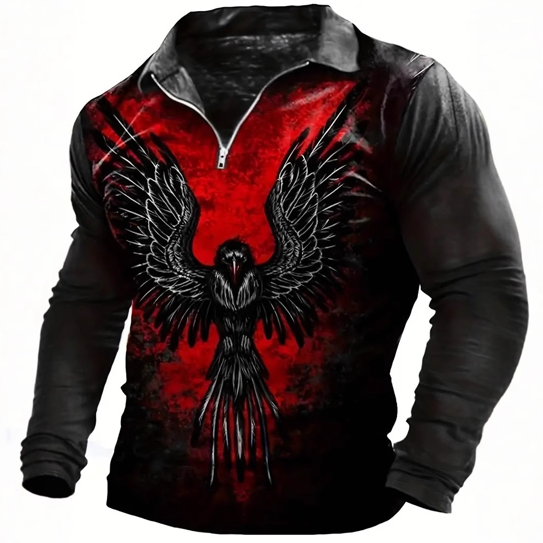 Estación independiente transfronteriza comercio exterior Hell Eagle impresión 3D hombre calle salvaje suelta manga larga cremallera camisa POLO