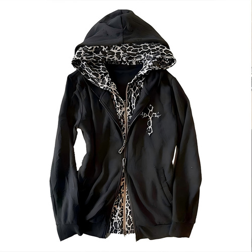 2026 Autumn/Winter Y2K American Streetwear Men's and Women's Leopard Print Retro Cross Gothic Hooded Zip-up Sweatshirt Jacket
