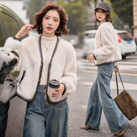 （bao款现货已出）冬季新款时尚PU皮拼接仿水貂毛皮毛一体短款