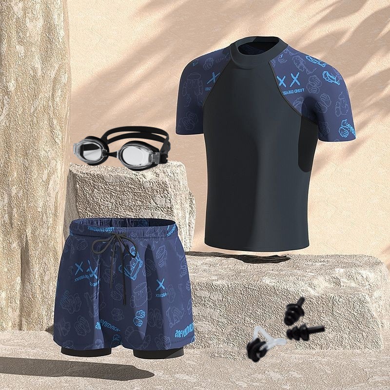 Blue bear suit + swimming goggles + nose clip earplugs