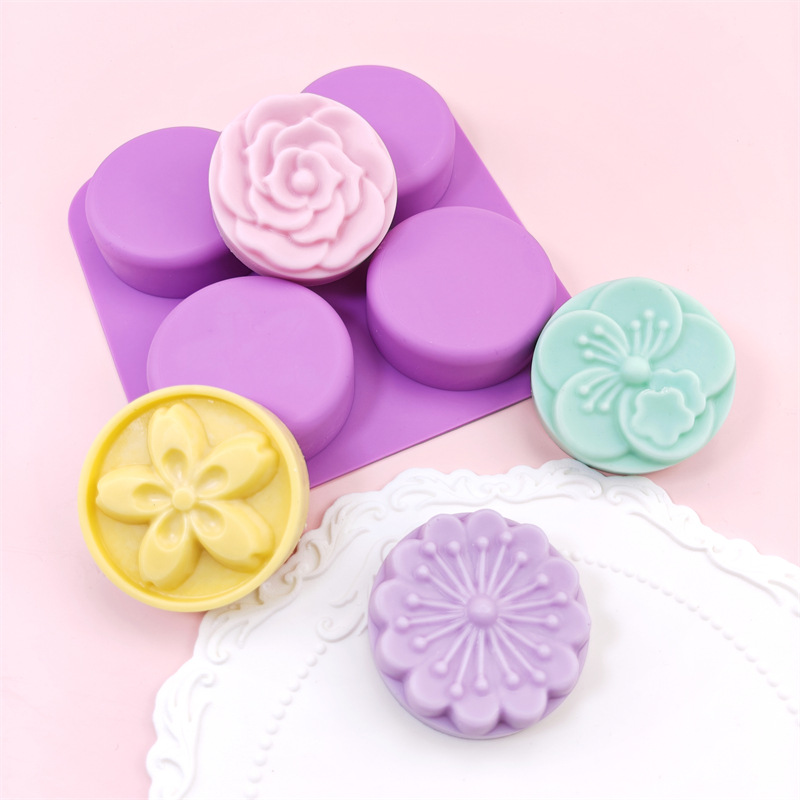 4 Round Different Flowers Silicone Mould Cake Baking Tools Handmade Soap Aromatherapy Candle Gypsum Grinder
