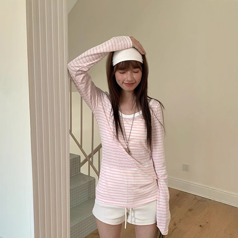 Blue Striped Sunscreen Long-sleeved T-shirt Women's Spring And Autumn Loose Lazy Blouse Top_ecoleips.com