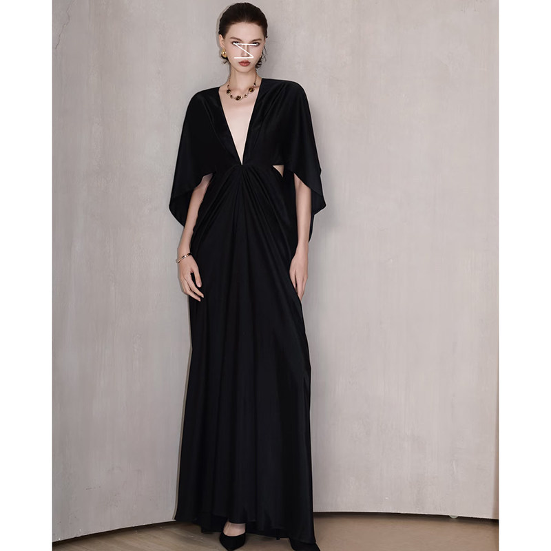 In-Stock French-Style Deep V-Neck Pleated Batwing Sleeve Blouse Dress, Vintage Style Slimming Satin Right-Angle Shoulder Long Dress