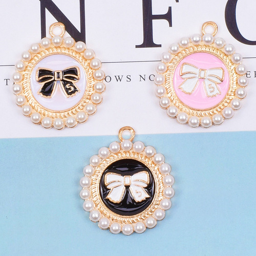 Korean style oil dripping small round pearl bow hair accessories keychain pendant diy alloy jewelry accessories