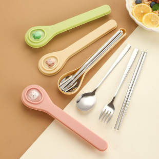 New Opening Season Children and Students Cute Cartoon Stainless Steel 304 Portable Tableware Three-piece Set Spoon Fork Chopsticks