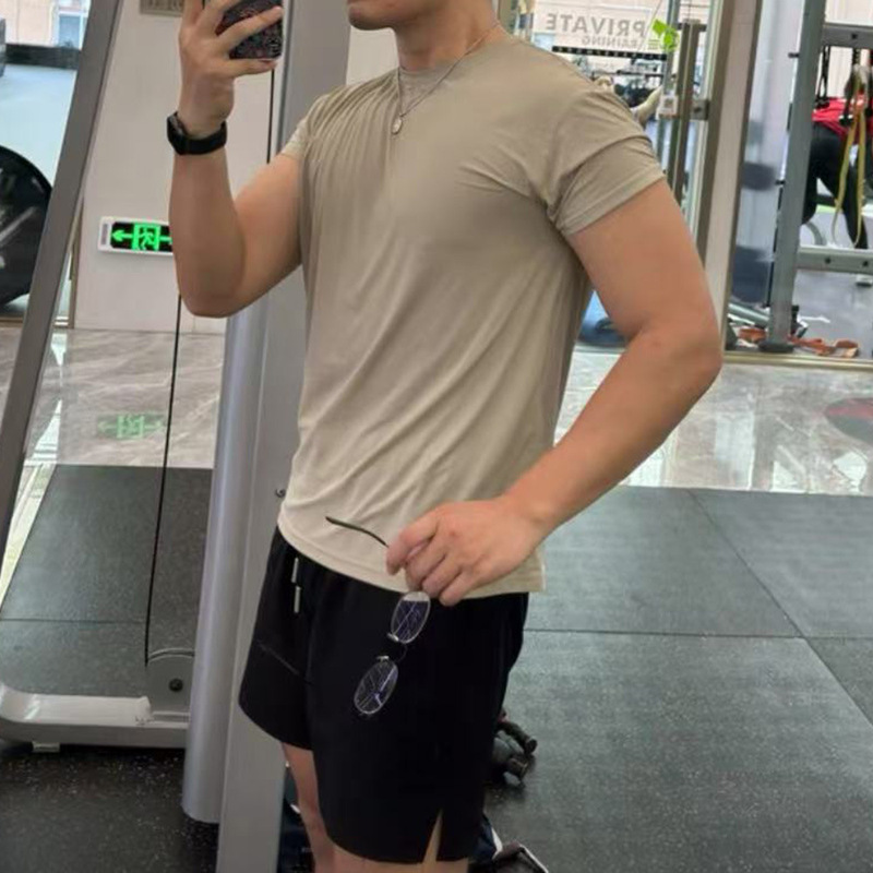 Men's Short-Sleeved T-Shirt Mesh Quick-Drying Breathable Elastic Coach Fitness Small Neckline Showing Shoulders Wide Arms Thick Short-Sleeved T-Shirt for Men