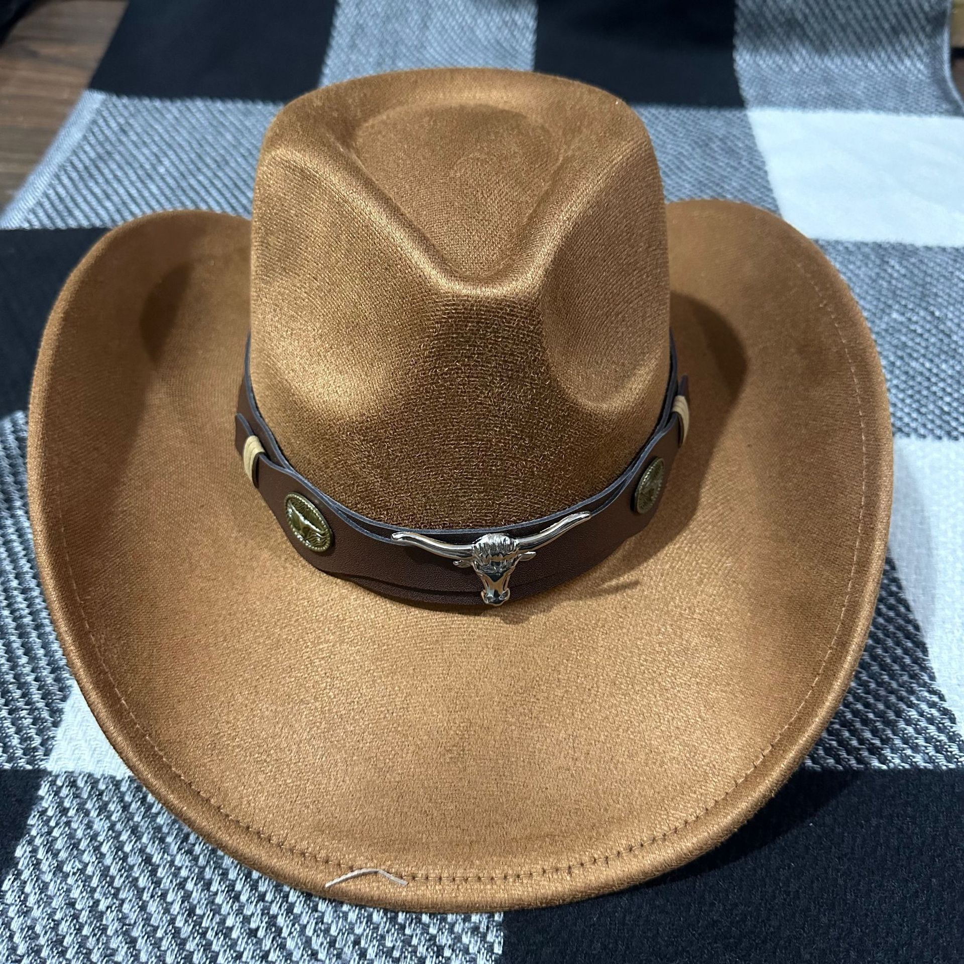 Cross-Border Popular Bull Head Hat Belt Buckle Jazz Hat Men's and Women's Felt Hat Leather Riding Hat Western Woolen Hat