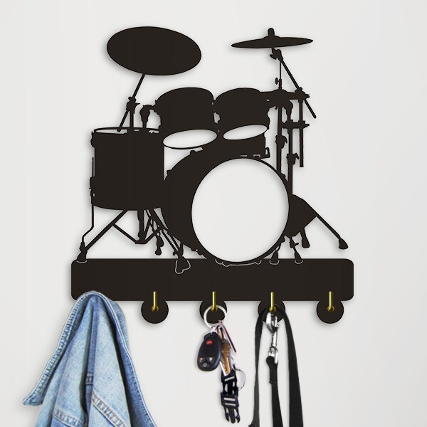Unique design musical instrument drum kit silhouette hook wall door installation rustic clothes coat hat key hook