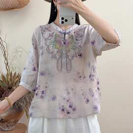 复古印花苎麻衬衫女2026夏季刺绣盘扣茶服新中式七分袖立领T恤衫