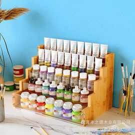 竹木阶梯式置物架多层厨房调料瓶收纳架 实木颜料展示架