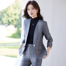 西装外套女灰色条纹无领长袖西服套装时尚洋气酒店经理高端工作服