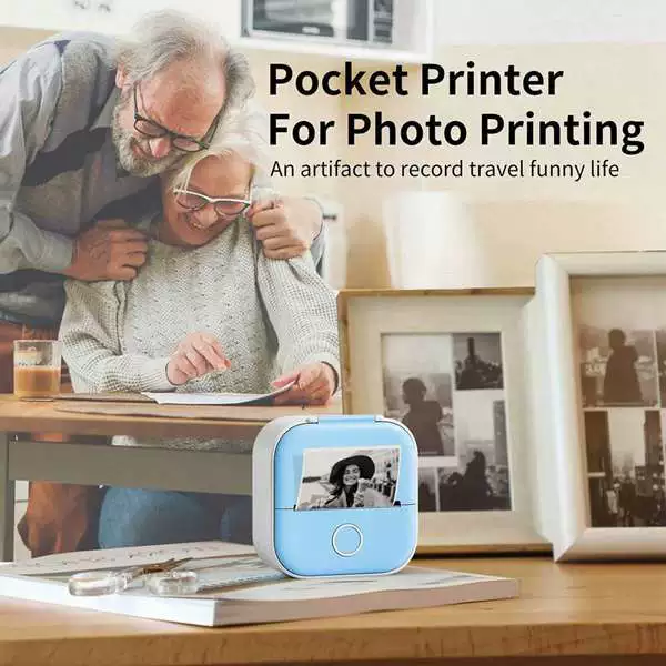 Blue plastic handheld small printer, photo, 1 pieces, color, material