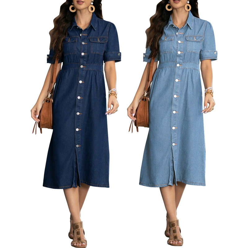 218665 трансграничная женская одежда новый джинсовый отворот с короткими рукавами кардиган с откидной талией облегающее платье источник фабрики прямых продаж