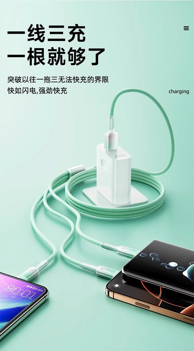 120W Buz Kristali Üç İn Bir Şarj Kablosu Degrade Şeffaf Apple Huawei Type-C Telefon Üç Fonksiyon Hızlı Şarj
