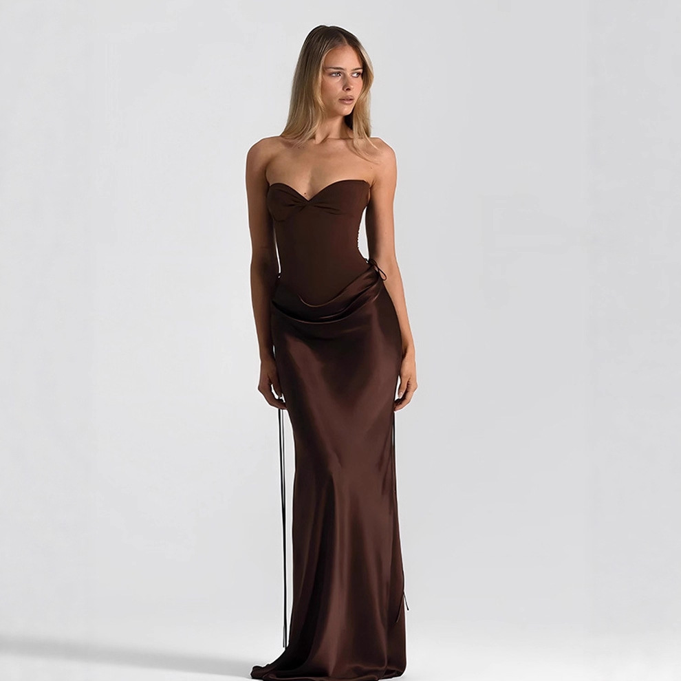 Foreign Trade New European and American Fashion Solid Color Fishtail Waist-Cinching Slim Dress with Draped Sash Fishtail Long Dress