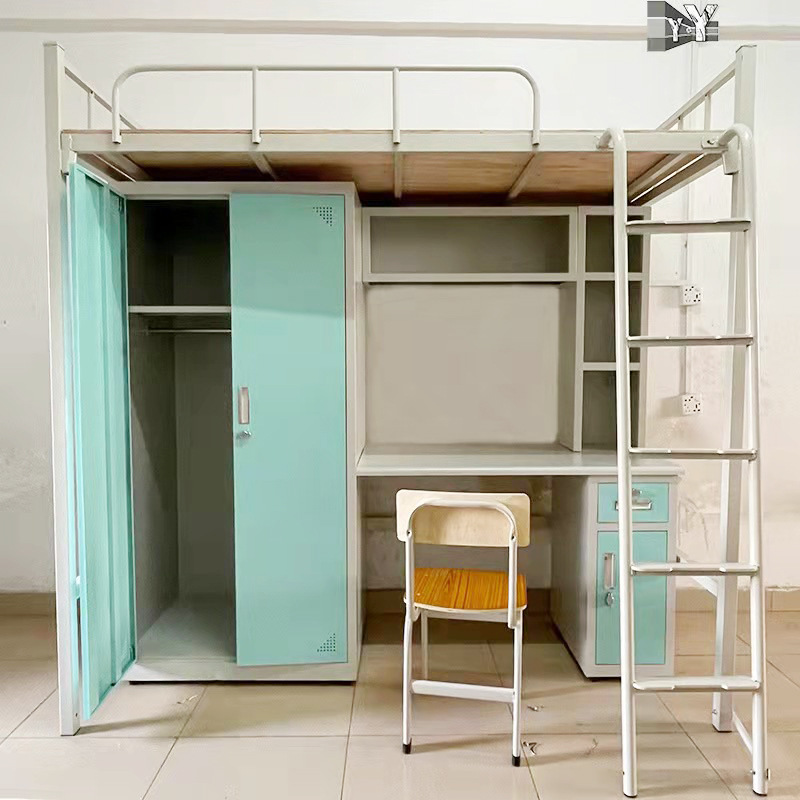 Factory Wholesale Bed Cabinet Set Iron Frame Bed Dormitory Bed Iron Cabinet Wardrobe Bed With Desk Employee Student Apartment Bed