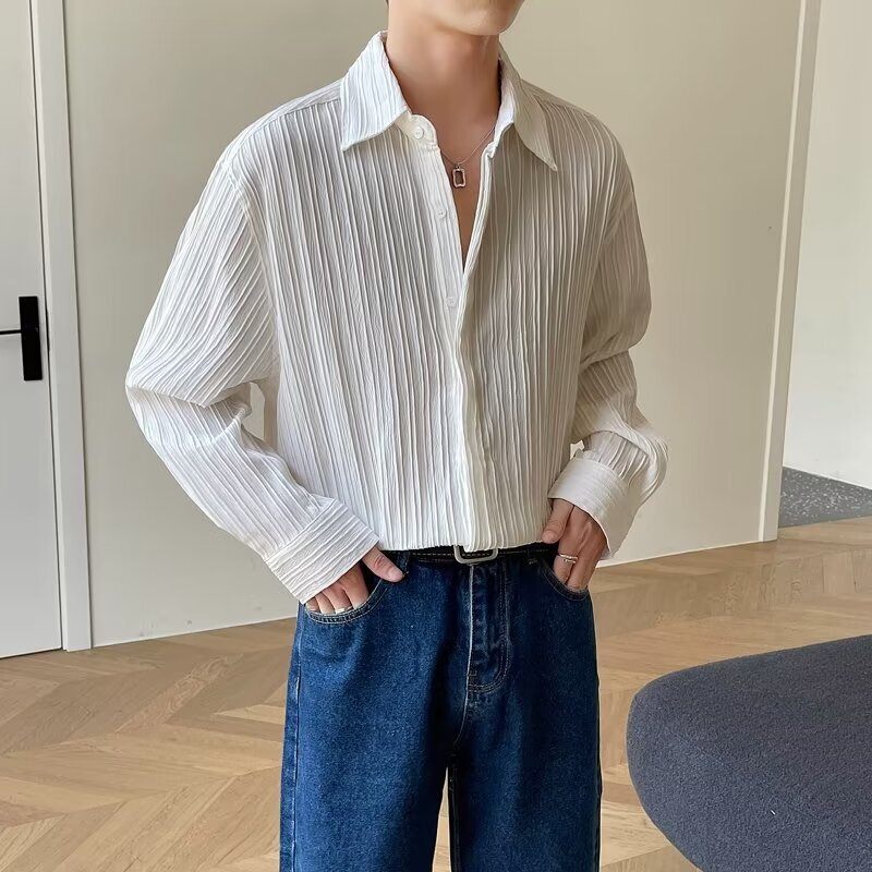 Korean Style Dark Button Striped Long-sleeved Textured Shirt Summer Men's Youth Korean Style Popular Hot-looking Solid Color Non-ironing Shirt
