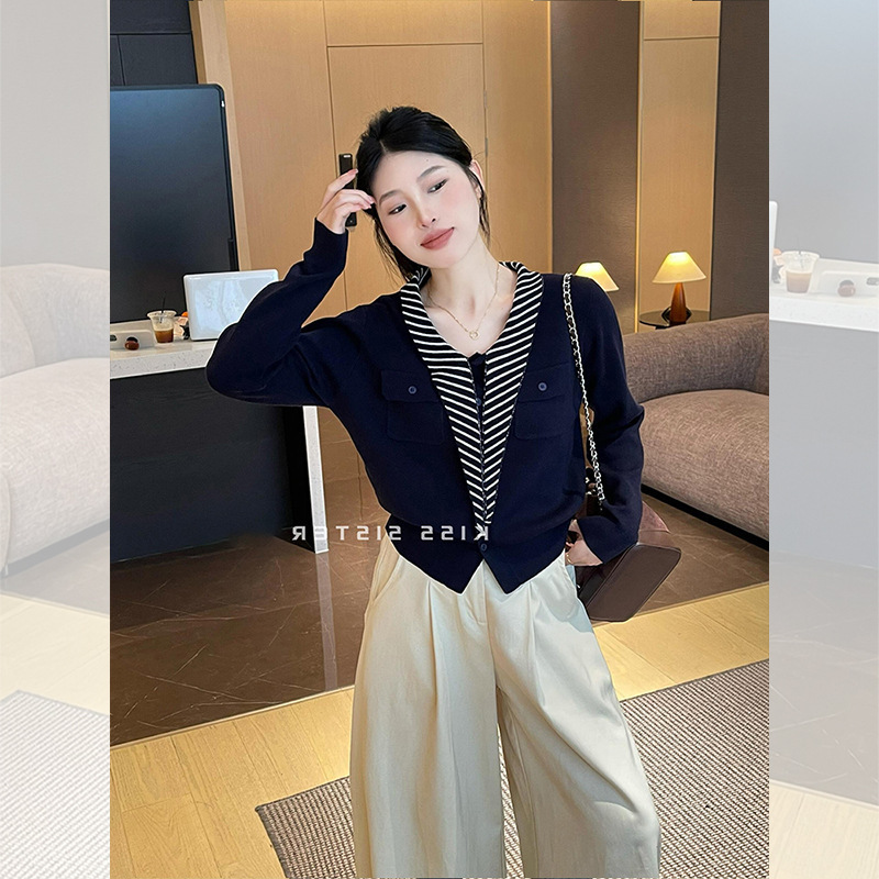 氛围感穿搭灰色条纹系带开衫毛衣女秋冬高级感韩系百搭针织衫上衣|undefined