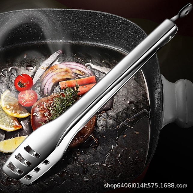 304 Stainless Steel Food Tongs with Hollow Design for Draining Oil, Steak Tongs, Barbecue Tongs, Kitchen Grilling Tongs, Extended Version, Korean Style