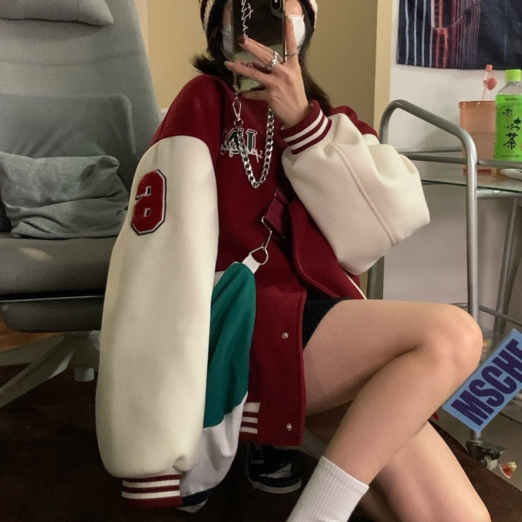 韩版毛巾绣bf慵懒加绒棒球服女卫衣秋冬ins潮百搭绒衫上衣女批发