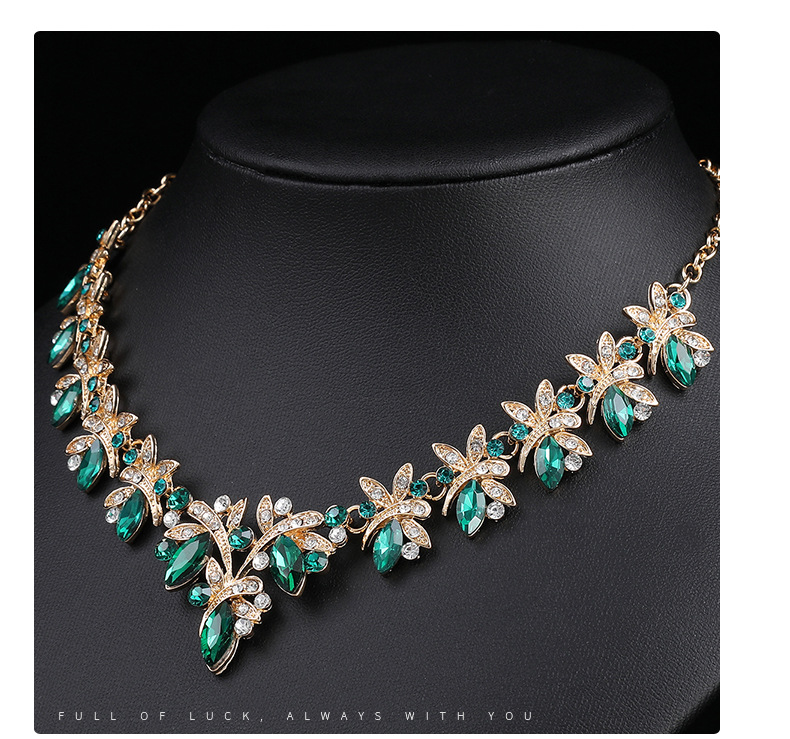 Set di orecchini e collana in lega di cristallo di vetro intarsiato con libellula, abito da sposa e accessori_voghion.com