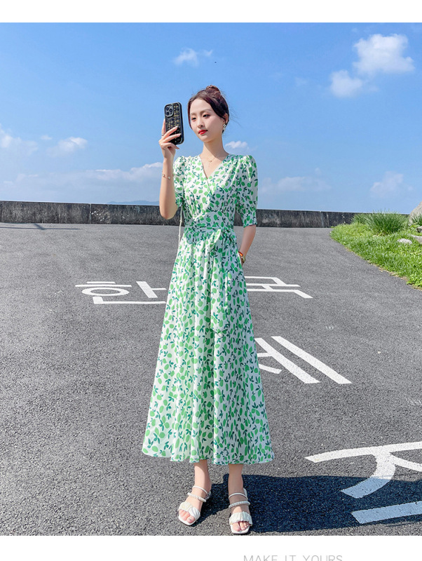 女性のためのフレンチフローラルレースアップドレス2025新しい夏の気質vネックウエストカバー女性のためのミッドレングスaラインスカート|undefined
