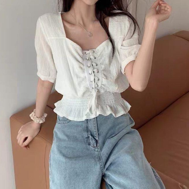 万能シャツ スクエアネック レースアップ 2025年新作 レディース ウエストシェイプ ゆったりトップス スリムフィット 着痩せ効果 半袖 シフォンシャツ