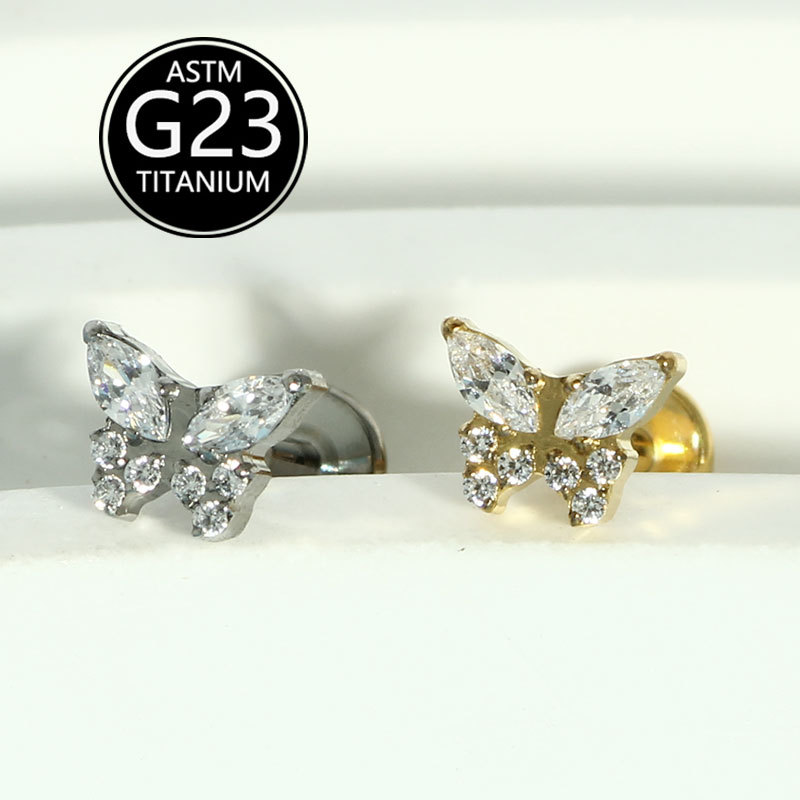 G23 Titanium Diamond Butterfly CZ Lip Labret Stud Implant Grade Body Piercing Jewelry detail image 5