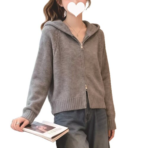 Double zipper simple solid color long-sleeved knitted cardigan women's winter new style design hooded all-match loose short coat