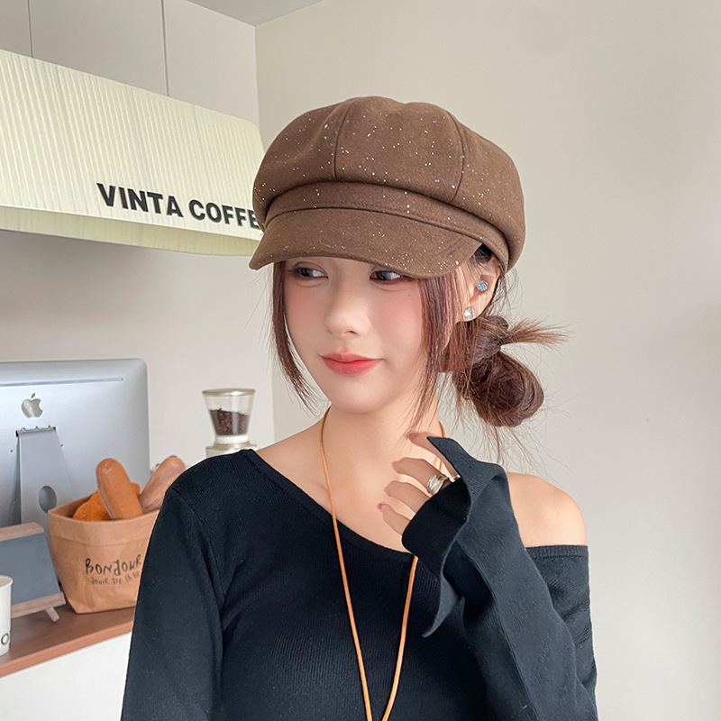 2025新款亮片字母八角帽复古时尚百搭女秋冬画家帽报童帽子显脸小|undefined