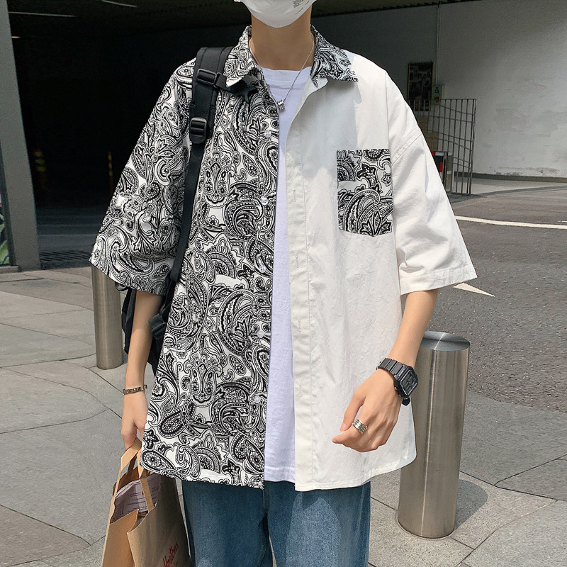 Pure Cotton Printed Shirt Fashion Hong Kong-style Short-sleeved Loose Shirt Men's Summer Thin Draped Fashionable Casual Shirt