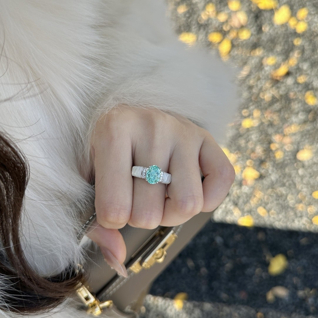 Bague en or véritable plaqué argent pur Paraiba White Beimu Full Body S avec diamants à extrémité fermée en direct en exclusivité_voghion.com