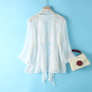 Spring and Summer new scarf collar 3/4 sleeve irregular hem embroidered lace stitching silk cardigan outer shawl for women