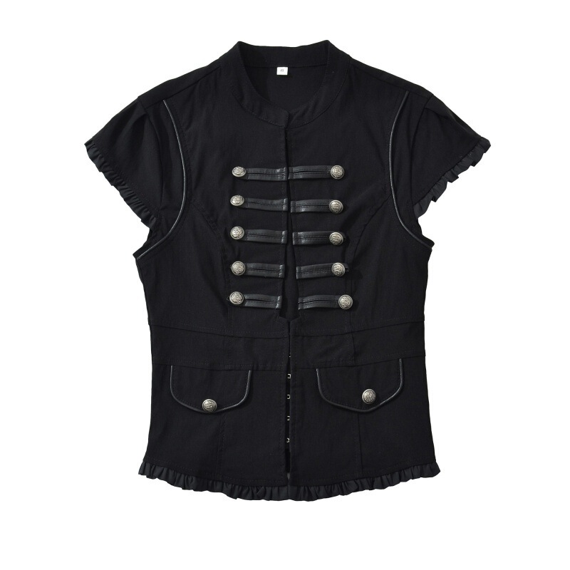 PB&ZA Punk-style distressed waist-cinching slim-fit metal buckle stand-up collar vintage patchwork Napoleon short-sleeve shirt