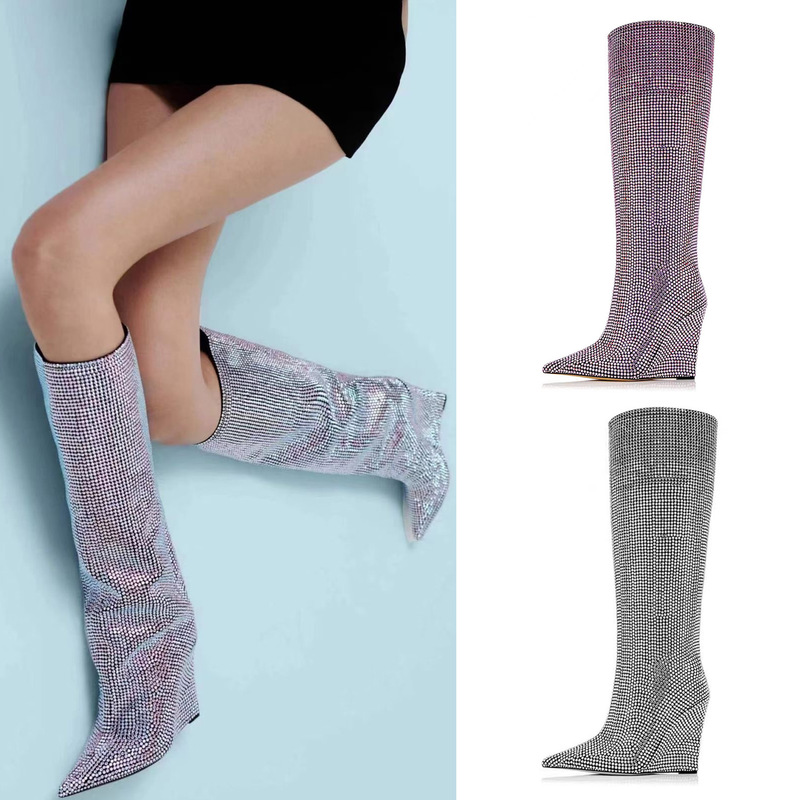 2024 cross-border foreign trade autumn and winter European and American catwalk pointed wedge super high heel rhinestone plus size knee-length boots women's shoes