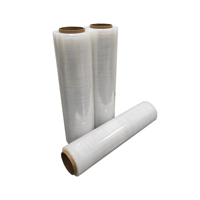 Fábrica al por mayor transparente recubierto PE bobina de película estirable bandeja de película recubierta mano película de embalaje de plástico