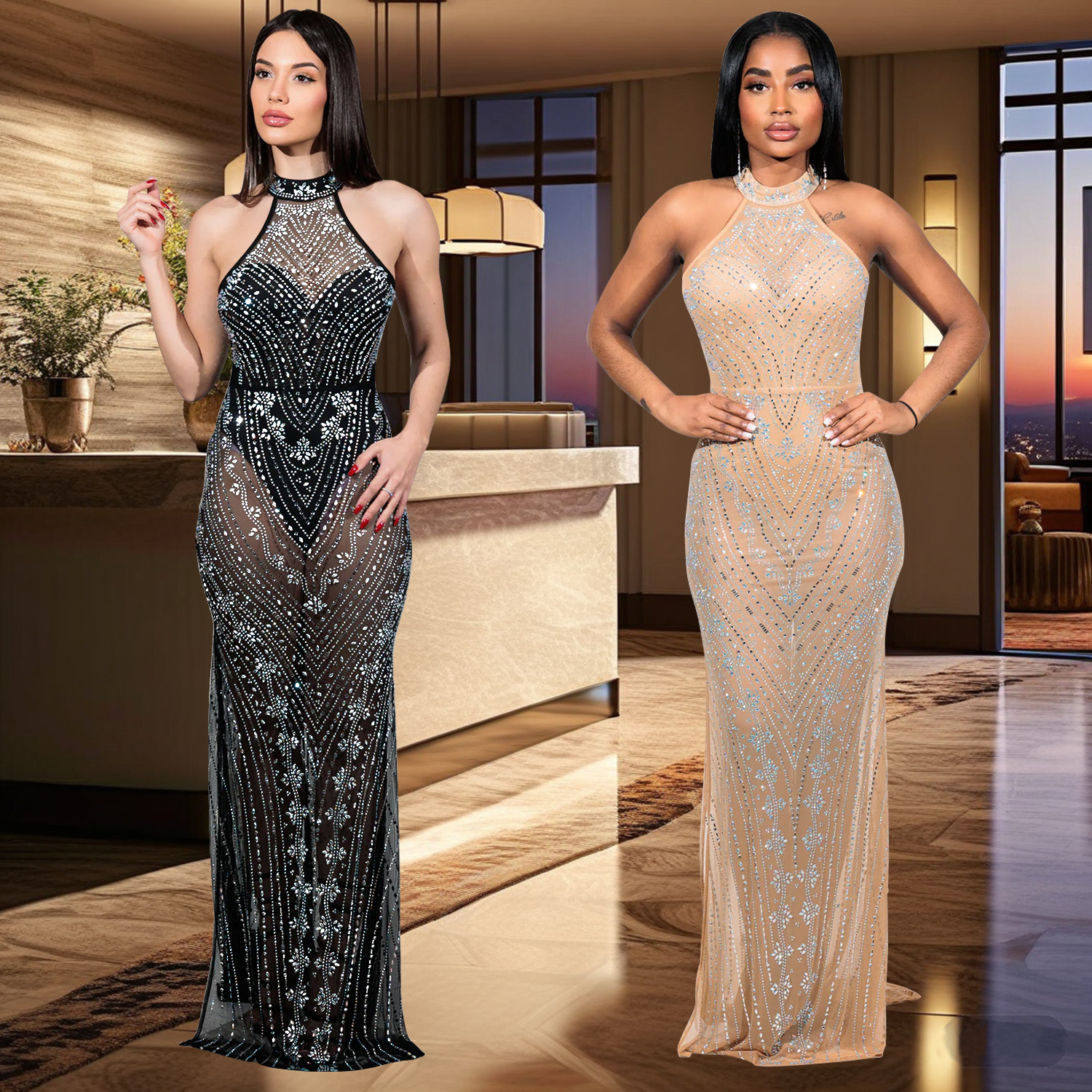 C6957 cross-border AliExpress amazon ropa de moda europea y americana de mujer sexy red de diamantes cuello colgante vestido de cadera