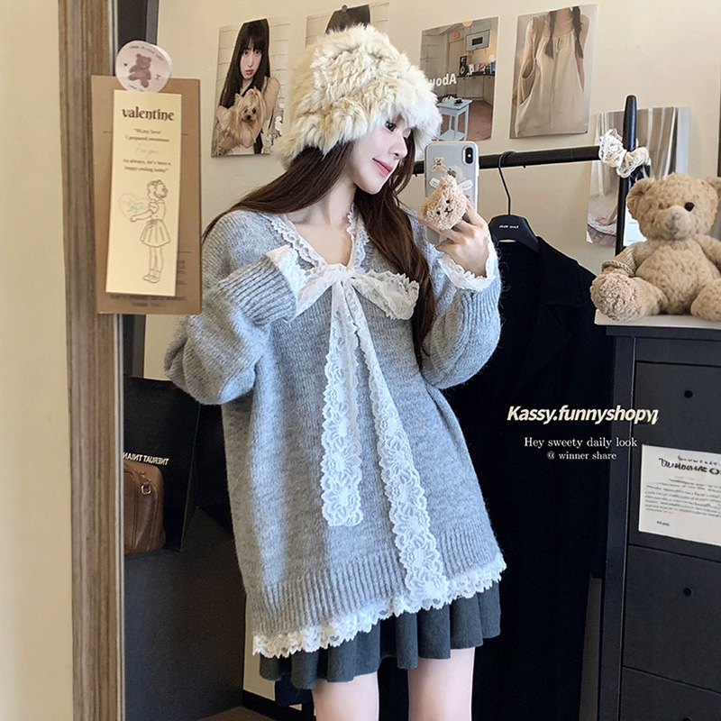 2024 New Lace Cute Fashion All-match Sweater Jacket Loose Thickened Lazy Style Pullover Sweater for Women