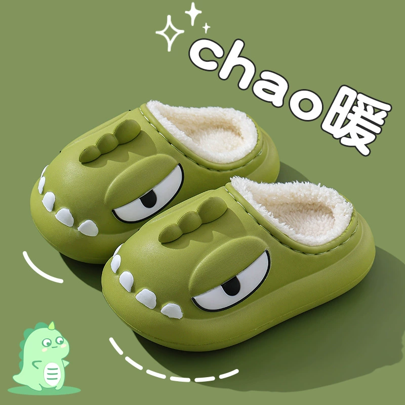 Детские тапочки-динозавры, зимние хлопковые тапочки для мальчиков, водонепроницаемые домашние тапочки с мехом для малышей, закрытые тапочки для девочек.