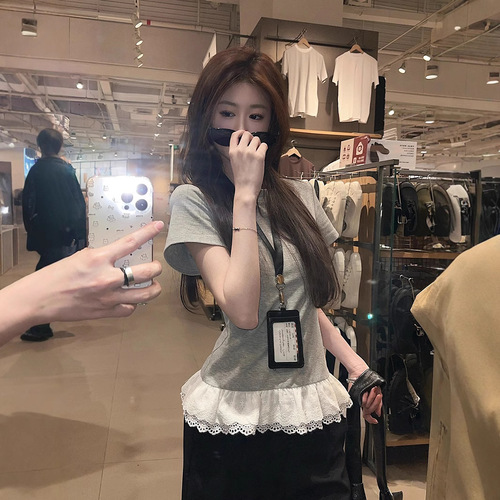 Gentle Sweet Girl Style Design Lace Splicing Short-Sleeve T-Shirt for Women 2025 Summer Fitted Slimming Student Top Trendy