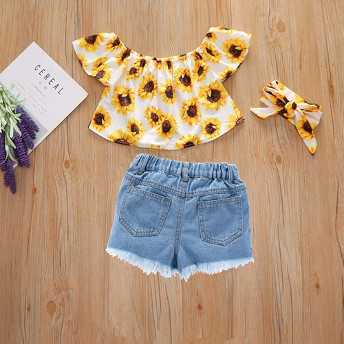 Girls'  New Summer Outfit: One-Shoulder Print Blouse and Denim Frayed Shorts Set for Summer Girls, Short-Sleeve Three-Piece Set