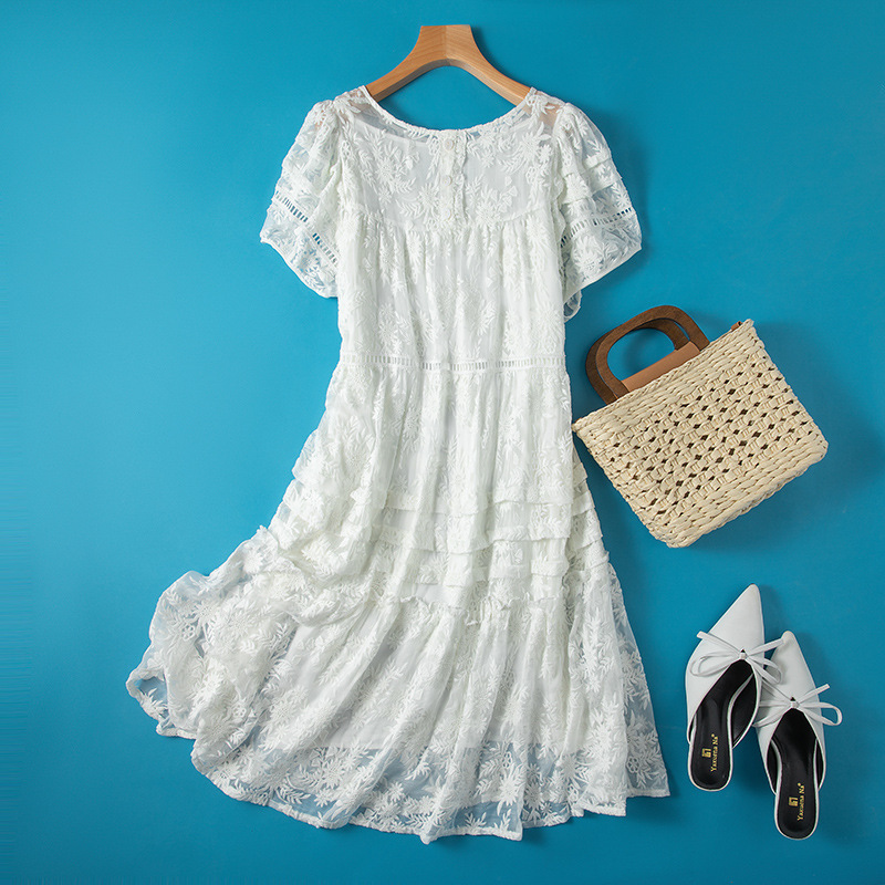 Mulberry Silk Silk Embroidery Puff Sleeves Elegant European Station Two-Piece Slimming Dress for Small Size Live Broadcast