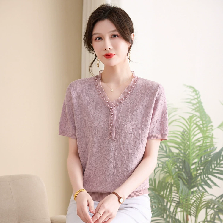 Летняя тонкая рубашка для мамы, футболка с короткими рукавами, женская летняя стильная тонкая трикотажная рубашка среднего и пожилого возраста с v-образным вырезом, топ