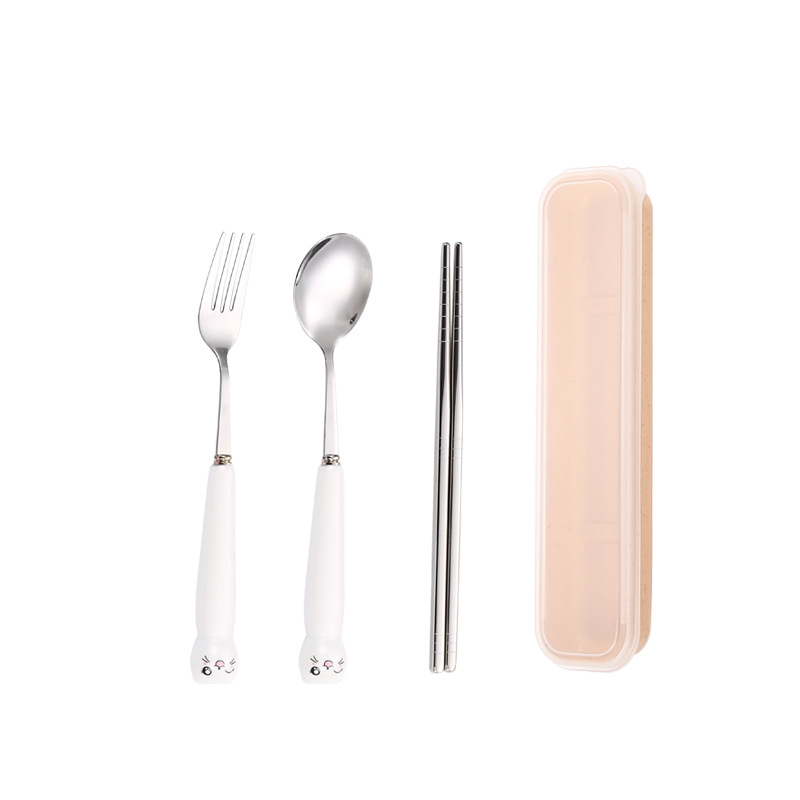 Vajilla de acero inoxidable de cerámica mango palillos cuchara traje lindo de tres piezas portátil estudiante tenedor sola caja de almacenamiento