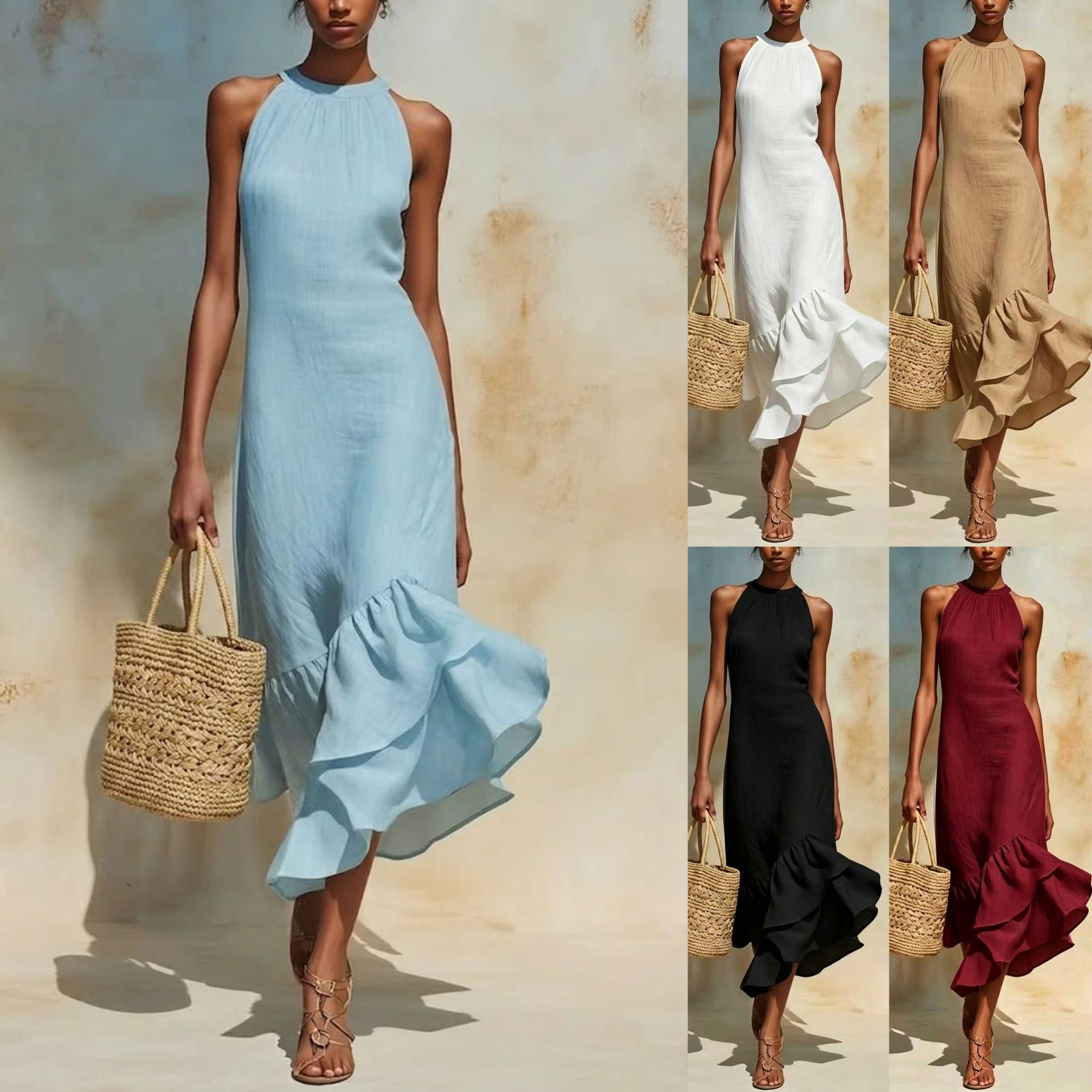 Women's Clothing Summer Women's Elegant Sleeveless Round Neck Ruffle Hem Dress Fashion Style For Formal & Casual For Women_ecoleips.com