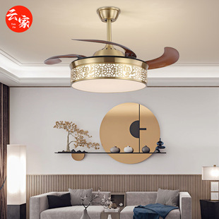 New Chinese Style All-Copper Invisible Restaurant Fan Lamp Living Room Electric Ceiling Fan Lamp Hotel Lobby Zhongshan Factory Lamps Wholesale